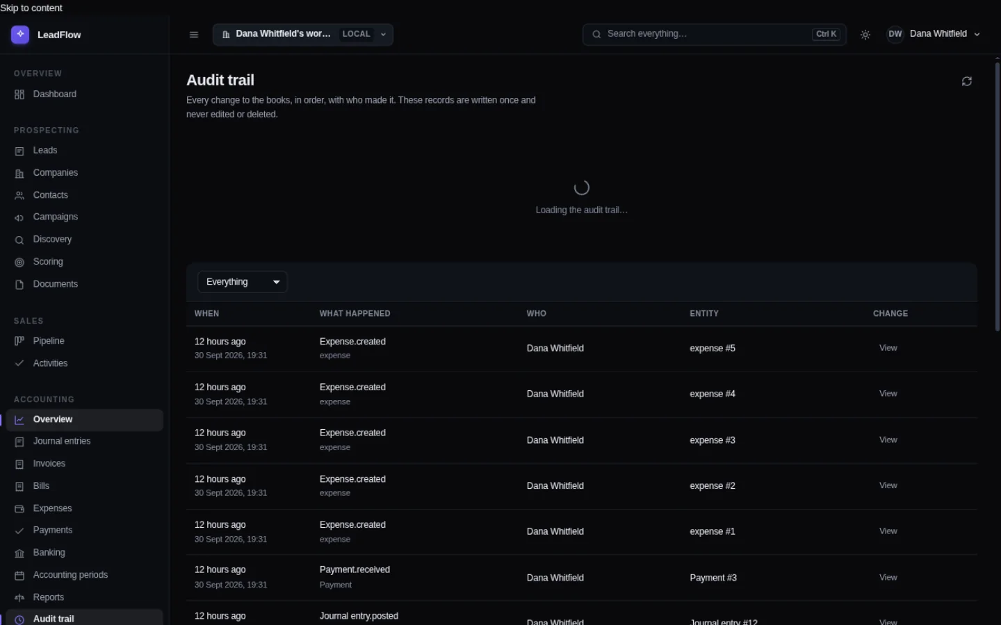 The audit trail. Each row shows when the change happened, what happened, who made it, which record it affected, and a button to see the before-and-after.